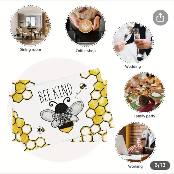 New Bee Kind  Table Mats Set of 4 Washable Placemats 12x18 Inch Farmhouse Dining - Picture 8 of 10